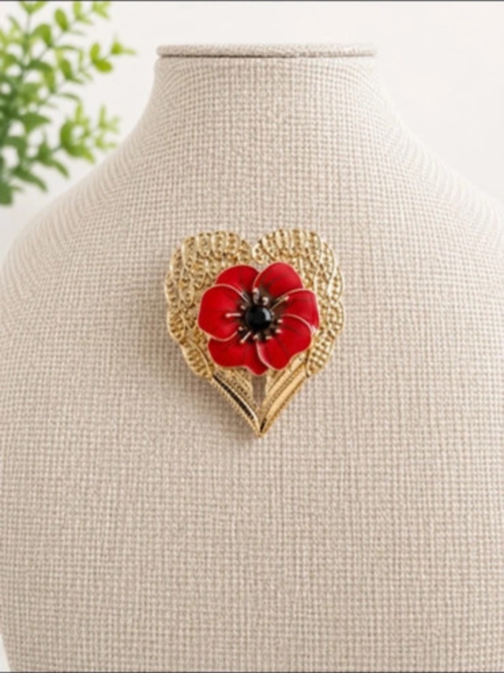 Red Poppy Heart Gold Tone Pin – 2” NWOT